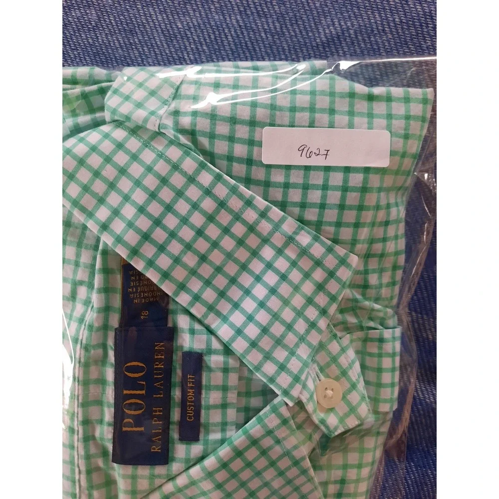 Polo Ralph Lauren Mens Custom Fit Gingham Button Down Shirt Green White Size 18